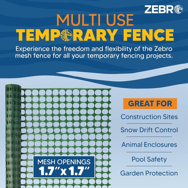 ZEBRO 4' x 100' Green Plastic Garden Fence Roll – Light Duty Mesh Fencing for Temporary Fence, Snow, Garden Netting, Animal Barrier, Agricultural Fencing & Lawn Protection - Image 5